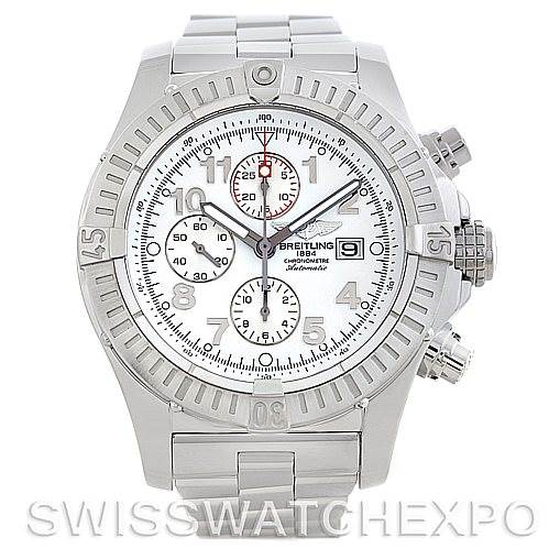 The image shows the front view of a Breitling Avenger A13370 Men's Stainless Steel White Dial A13370 Men's Stainless Steel White Dial watch, highlighting the bezel, dial, and bracelet.