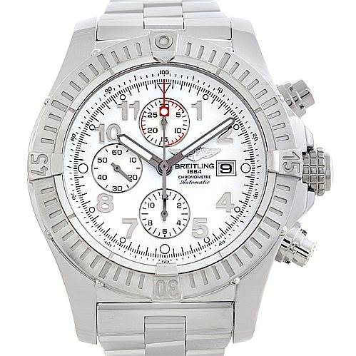 The image shows a front view of the Breitling Avenger A13370 Men's Stainless Steel White Dial A13370 Men's Stainless Steel White Dial watch, displaying its bezel, dial, subdials, and bracelet.
