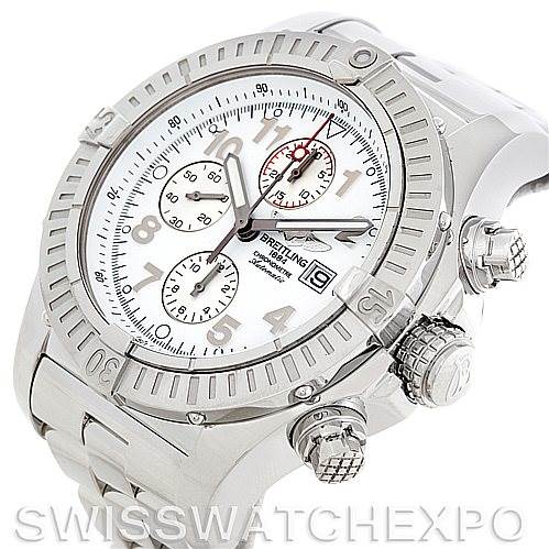 The image shows a Breitling Avenger A13370 Men's Stainless Steel White Dial A13370 Men's Stainless Steel White Dial watch from an angled top view, highlighting its face, bezel, chronograph dials, and side crowns.