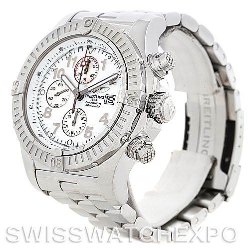 The image shows a Breitling Avenger A13370 Men's Stainless Steel White Dial A13370 Men's Stainless Steel White Dial watch at a 3/4 angle, highlighting its bezel, chronograph dials, and stainless steel bracelet.