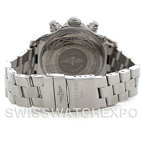 The image shows the back view of a Breitling Avenger A13370 Men's Stainless Steel White Dial A13370 Men's Stainless Steel White Dial watch, highlighting the case back and metal bracelet with the clasp partially opened.