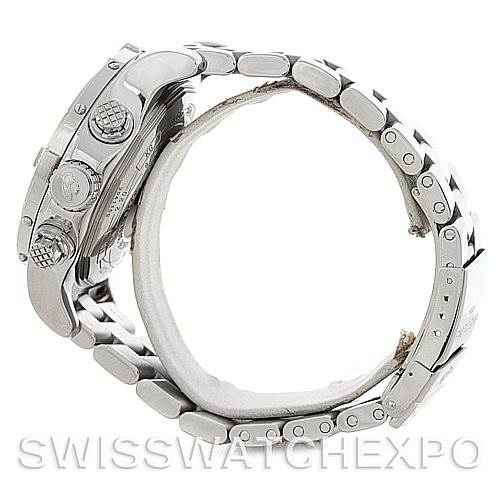 The image shows a side view of a Breitling Avenger A13370 Men's Stainless Steel White Dial A13370 Men's Stainless Steel White Dial watch, highlighting the case, crown, pushers, and bracelet.