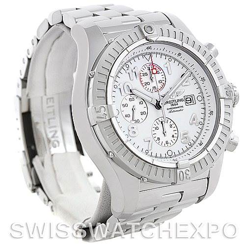 The image shows a front three-quarter view of the Breitling Avenger A13370 Men's Stainless Steel White Dial A13370 Men's Stainless Steel White Dial watch, highlighting the bezel, dial, and bracelet.