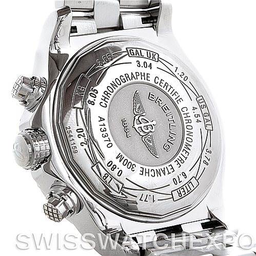 This image shows the back case and side view of the Breitling Avenger A13370 Men's Stainless Steel White Dial A13370 Men's Stainless Steel White Dial watch, highlighting its chronometer certification and metal bracelet.