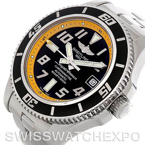 This image shows a Breitling Superocean A17364 Men's Stainless Steel Black Dial A17364 Men's Stainless Steel Black Dial watch at an angled view, highlighting its bezel, dial, crown, and part of its bracelet.