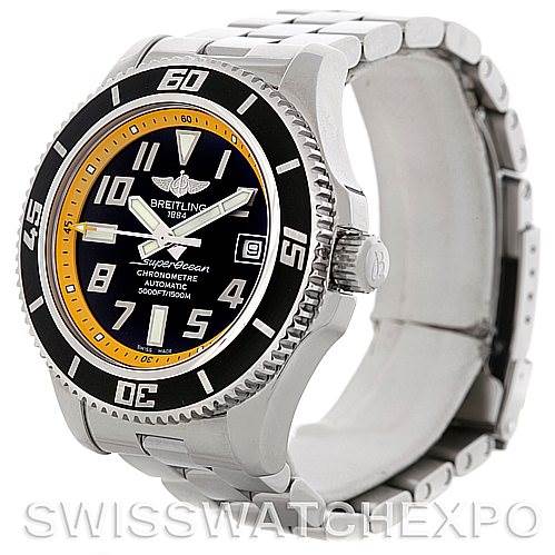 The image shows a Breitling Superocean A17364 Men's Stainless Steel Black Dial A17364 Men's Stainless Steel Black Dial watch at an angled side view, highlighting the black dial, bezel, stainless steel case, and bracelet.