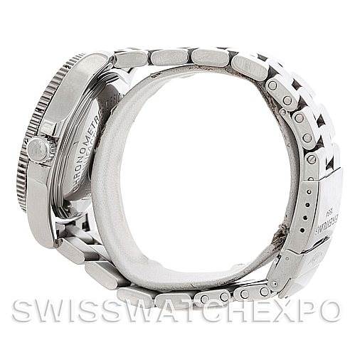 This image shows a side view of the Breitling Superocean A17364 Men's Stainless Steel Black Dial A17364 Men's Stainless Steel Black Dial watch, focusing on the case, crown, and metal bracelet.