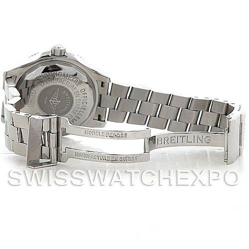 The image shows the backside and bracelet clasp of a Breitling Superocean A17364 Men's Stainless Steel Black Dial A17364 Men's Stainless Steel Black Dial watch, highlighting its stainless steel construction and engraved branding.