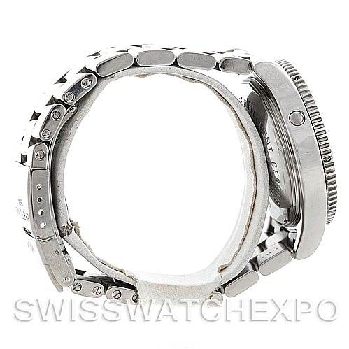 The image shows a side view of a Breitling Superocean A17364 Men's Stainless Steel Black Dial A17364 Men's Stainless Steel Black Dial watch, highlighting its bracelet, case, and crown.