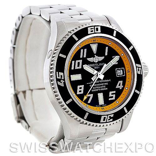 The image shows a Breitling Superocean A17364 Men's Stainless Steel Black Dial A17364 Men's Stainless Steel Black Dial watch at a three-quarter angle, displaying its face, bezel, and part of the bracelet.