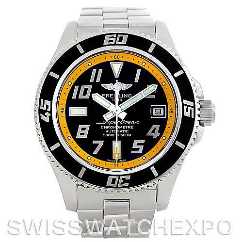 This image shows a front angle shot of a Breitling Superocean A17364 Men's Stainless Steel Black Dial A17364 Men's Stainless Steel Black Dial watch, highlighting its dial, bezel, case, and metal bracelet.