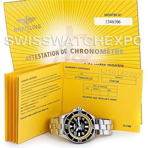 The image shows a Breitling Superocean A17364 Men's Stainless Steel Black Dial A17364 Men's Stainless Steel Black Dial watch at an angle, accompanied by warranty booklets and certificates.