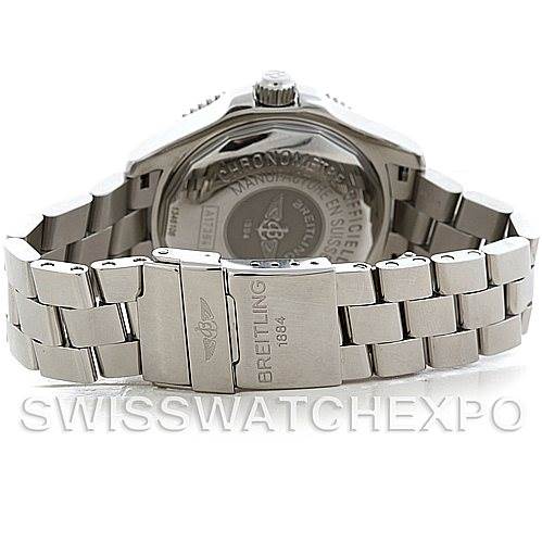 The image shows the backside of the Breitling Superocean A17364 Men's Stainless Steel Black Dial A17364 Men's Stainless Steel Black Dial watch, highlighting its stainless steel bracelet and clasp.