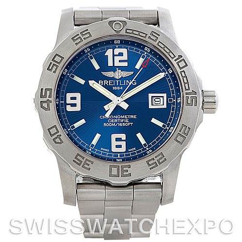 This image shows a front view of the Breitling Superocean A74387 Men's Stainless Steel Blue Dial A74387 Men's Stainless Steel Blue Dial watch, highlighting its blue dial, bezel, and stainless steel bracelet.