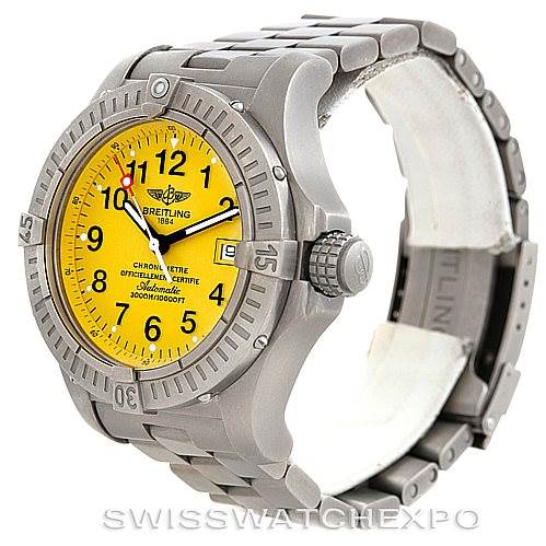 The image shows a side and slightly angled front view of the Breitling Avenger E17370 Men's Titanium Yellow Dial E17370 Men's Titanium Yellow Dial watch with a yellow dial and metal bracelet.