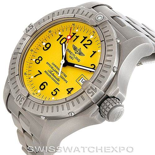 This image shows a Breitling Avenger E17370 Men's Titanium Yellow Dial E17370 Men's Titanium Yellow Dial watch from an angled side view, highlighting its yellow dial, bezel, crown, and bracelet.