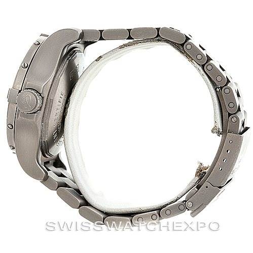 The image shows a side view of the Breitling Avenger E17370 Men's Titanium Yellow Dial E17370 Men's Titanium Yellow Dial watch, highlighting the case, crown, and metal bracelet.