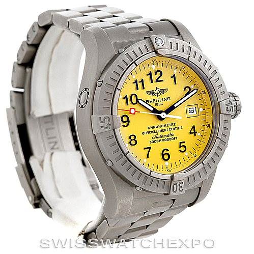 The photo shows a Breitling Avenger E17370 Men's Titanium Yellow Dial E17370 Men's Titanium Yellow Dial watch at a slight angle, highlighting the yellow dial, bezel, case, and part of the bracelet.