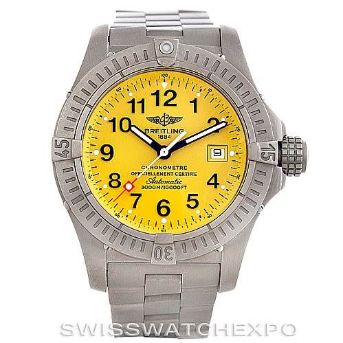 The image shows a front view of a Breitling Avenger E17370 Men's Titanium Yellow Dial E17370 Men's Titanium Yellow Dial watch with a yellow dial and stainless steel bracelet.
