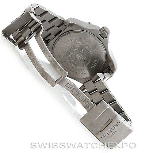 The image shows the backside and partly open metal bracelet of a Breitling Avenger E17370 Men's Titanium Yellow Dial E17370 Men's Titanium Yellow Dial watch.