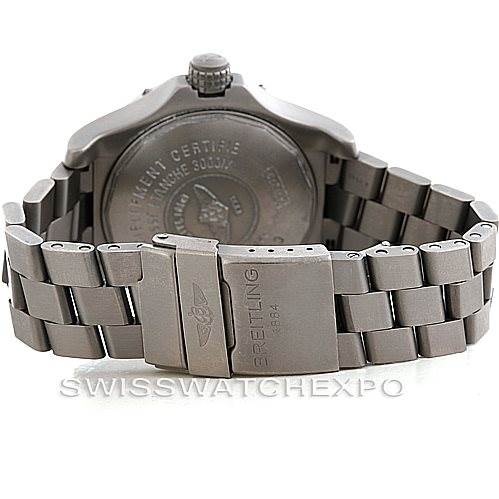 The image shows a rear and side angle view of a Breitling Avenger E17370 Men's Titanium Yellow Dial E17370 Men's Titanium Yellow Dial watch focusing on its case back and metal bracelet.