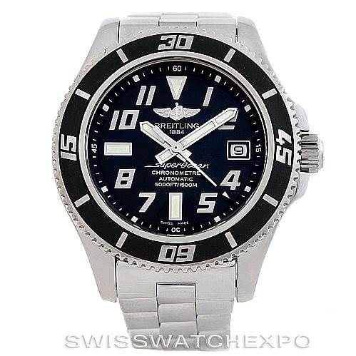 The image shows a front view of the Breitling Superocean A17364 Men's Stainless Steel Black Dial A17364 Men's Stainless Steel Black Dial watch, displaying its dial, bezel, and bracelet.