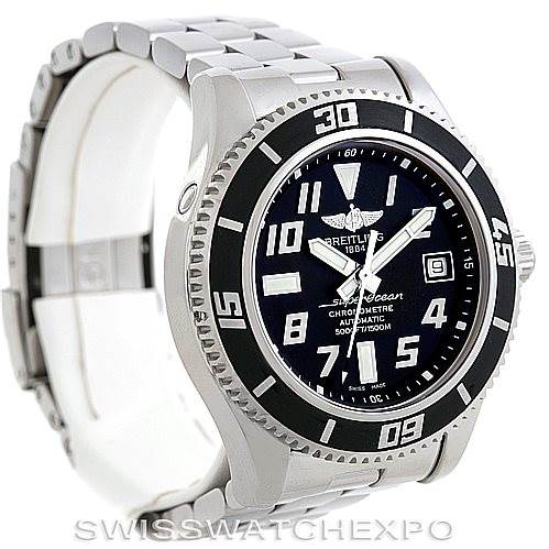 The image shows a side-angle view of the Breitling Superocean A17364 Men's Stainless Steel Black Dial A17364 Men's Stainless Steel Black Dial watch, highlighting the bezel, dial, and metal bracelet.