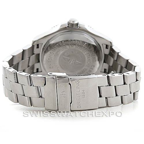 The image shows the back of the Breitling Superocean A17364 Men's Stainless Steel Black Dial A17364 Men's Stainless Steel Black Dial watch, focusing on its stainless steel bracelet and clasp.