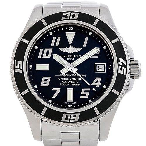 The image shows a front view of a Breitling Superocean A17364 Men's Stainless Steel Black Dial A17364 Men's Stainless Steel Black Dial watch, highlighting its dial, bezel, and partial bracelet.