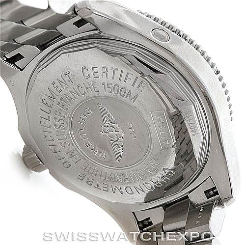 The image shows the case back of a Breitling Superocean A17364 Men's Stainless Steel Black Dial A17364 Men's Stainless Steel Black Dial watch at a slight angle, highlighting the engraved details and bracelet attachment.