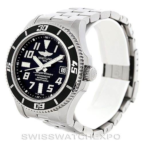 The image shows a Breitling Superocean A17364 Men's Stainless Steel Black Dial A17364 Men's Stainless Steel Black Dial watch angled to display the face, bezel, crown, and bracelet.