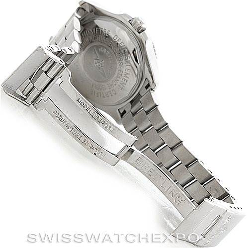 This image shows the back of the Breitling Superocean A17364 Men's Stainless Steel Black Dial A17364 Men's Stainless Steel Black Dial watch, including the case back, deployant clasp, and part of the metal bracelet.