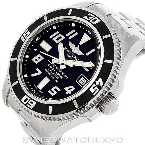 This image shows a front and slightly angled view of the Breitling Superocean A17364 Men's Stainless Steel Black Dial A17364 Men's Stainless Steel Black Dial, highlighting its dial, bezel, and crown.