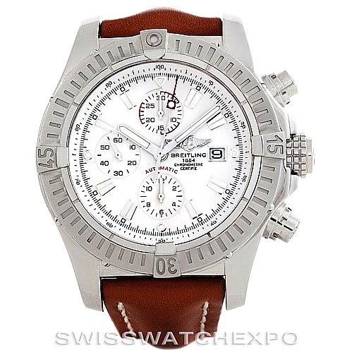 The image shows a front view of a Breitling Avenger A13370 Men's Stainless Steel White Dial A13370 Men's Stainless Steel White Dial watch with a silver bezel and brown leather strap.