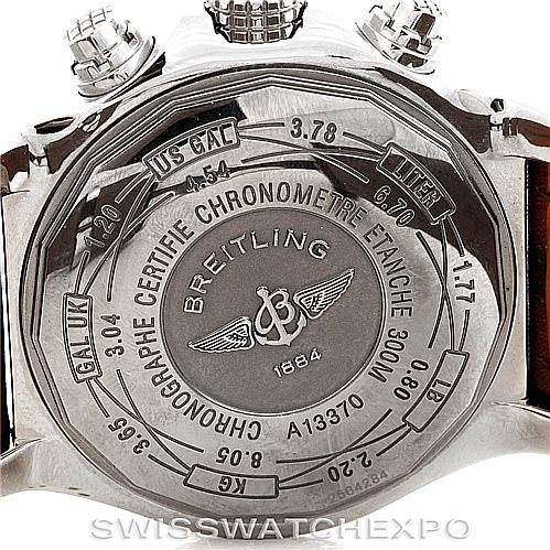 The image shows the back case of a Breitling Avenger A13370 Men's Stainless Steel White Dial A13370 Men's Stainless Steel White Dial watch, highlighting the brand, model, and various markings.