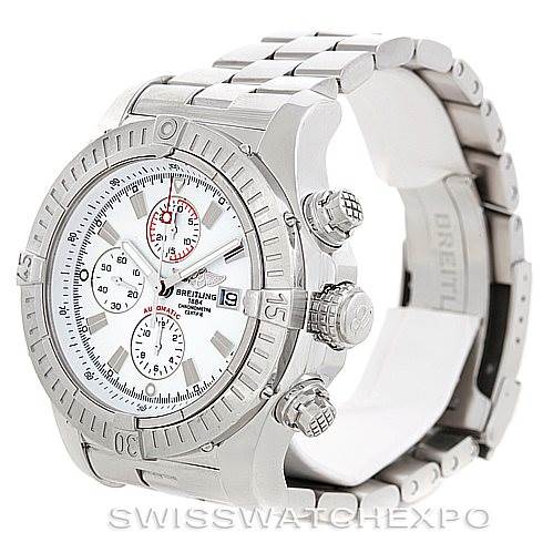 The image shows a Breitling Avenger A13370 Men's Stainless Steel White Dial A13370 Men's Stainless Steel White Dial watch angled to display the face, bezel, crown, pushers, and bracelet.