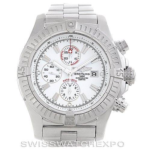 The image shows a front view of a Breitling Avenger A13370 Men's Stainless Steel White Dial A13370 Men's Stainless Steel White Dial watch, displaying its face, bezel, crown, and metallic bracelet.
