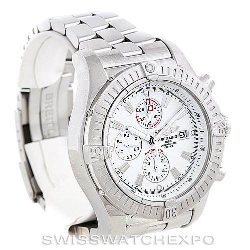 The image shows a Breitling Avenger A13370 Men's Stainless Steel White Dial A13370 Men's Stainless Steel White Dial watch from a front angle, highlighting the dial, bezel, and metal bracelet.