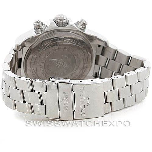 This image shows the back view of a Breitling Avenger A13370 Men's Stainless Steel White Dial A13370 Men's Stainless Steel White Dial watch, highlighting the clasp and engraved case back.