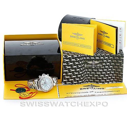 This image shows a Breitling Avenger A13370 Men's Stainless Steel White Dial A13370 Men's Stainless Steel White Dial watch with its box, international warranty, manuals, and other accessories.