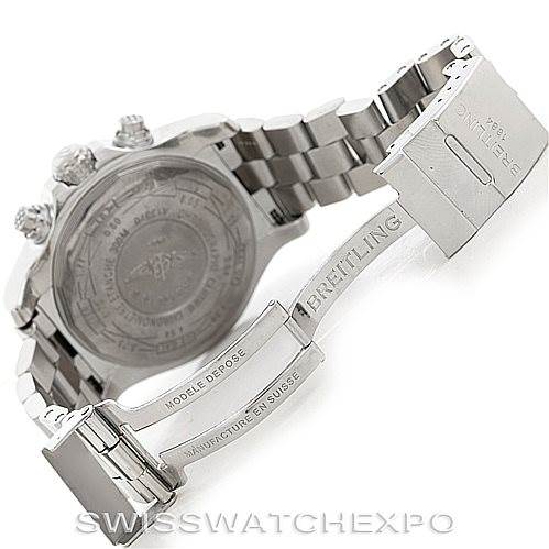 The image shows the back of a Breitling Avenger A13370 Men's Stainless Steel White Dial A13370 Men's Stainless Steel White Dial watch and its opened metal bracelet clasp.