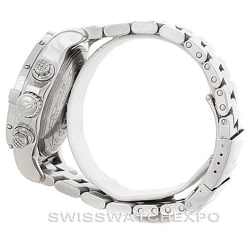 The image shows a side view of a Breitling Avenger A13370 Men's Stainless Steel White Dial A13370 Men's Stainless Steel White Dial watch, highlighting the case, crown, buttons, and stainless steel bracelet.