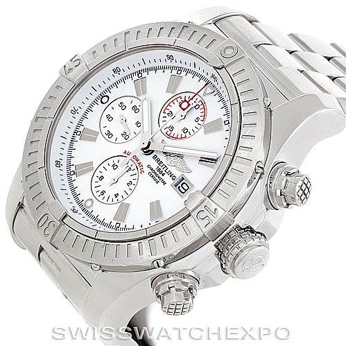 This image shows a Breitling Avenger A13370 Men's Stainless Steel White Dial A13370 Men's Stainless Steel White Dial watch at an oblique angle, highlighting its bezel, dial, subdials, crown, and pushers.