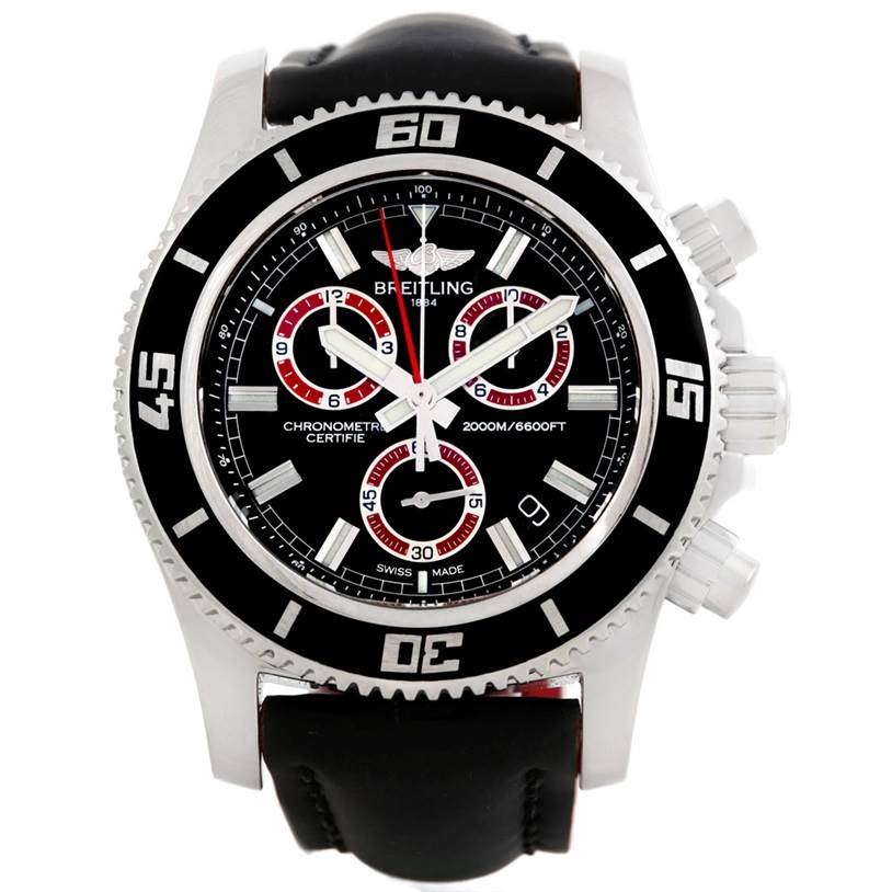 This Breitling Superocean A73310 Men's Stainless Steel Black Dial A73310 Men's Stainless Steel Black Dial watch is shown from a front angle, displaying the dial, bezel, and part of the strap.