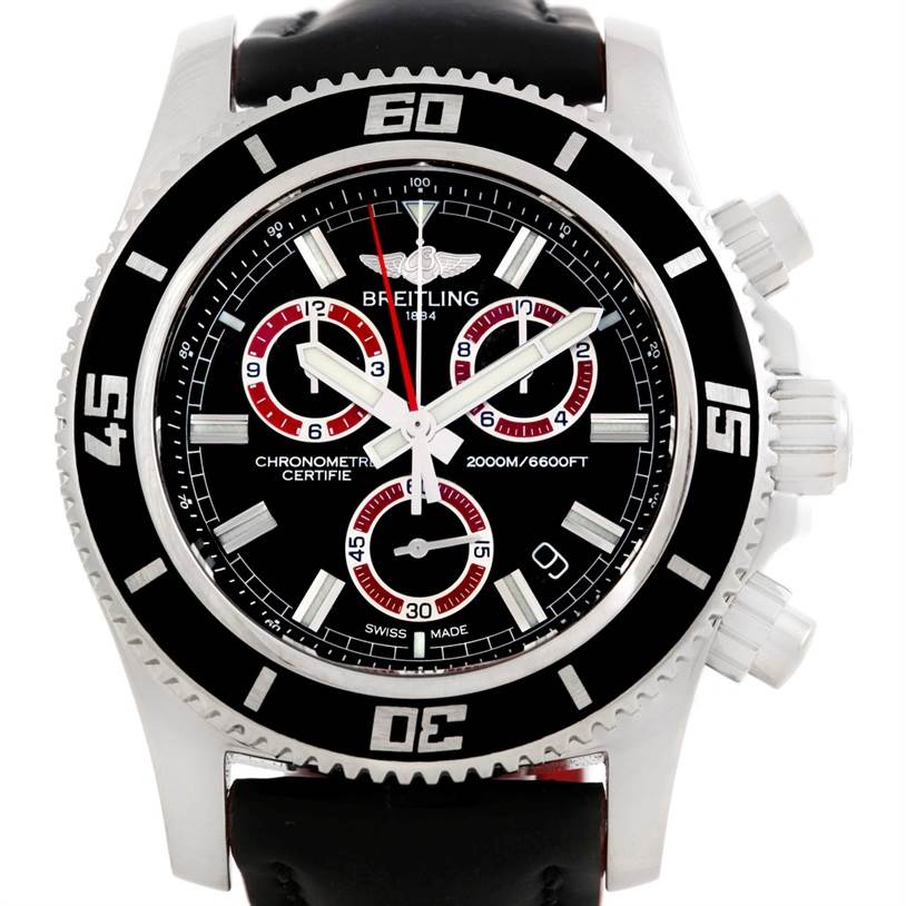 The image shows a front view of a Breitling Superocean A73310 Men's Stainless Steel Black Dial A73310 Men's Stainless Steel Black Dial watch, highlighting its bezel, dial, and chronograph features.