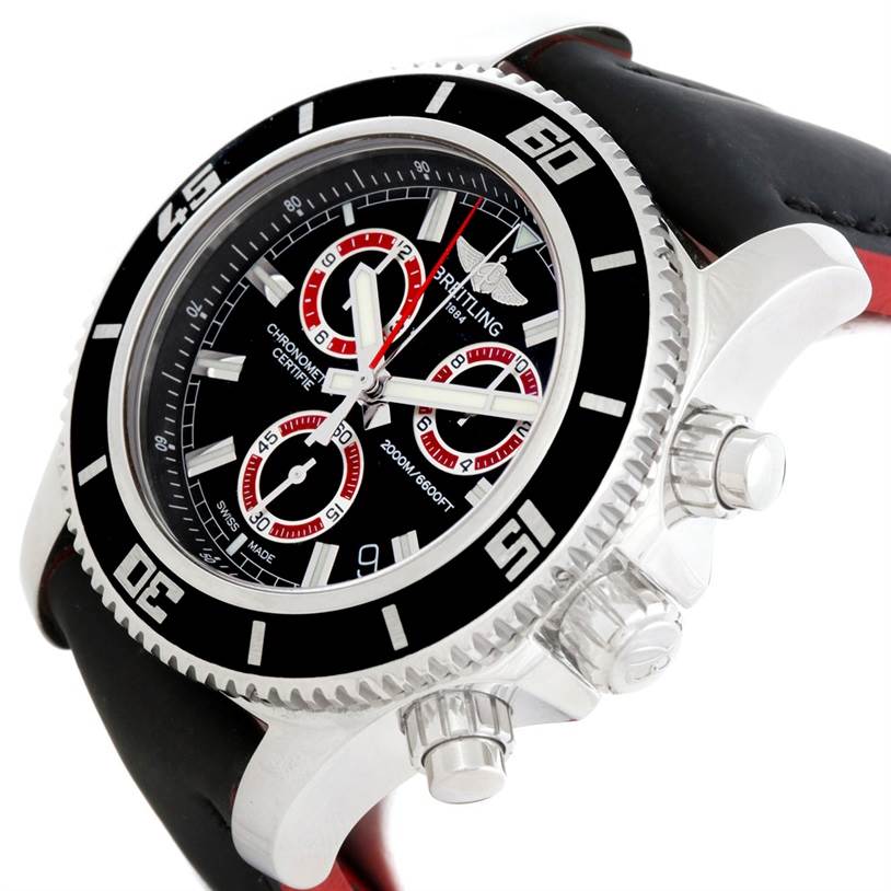 The Breitling Superocean A73310 Men's Stainless Steel Black Dial A73310 Men's Stainless Steel Black Dial watch is shown at an angle highlighting its face, bezel, crown, and chronograph pushers with a leather strap.