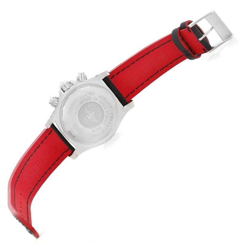 This image shows the rear view of a Breitling Superocean A73310 Men's Stainless Steel Black Dial A73310 Men's Stainless Steel Black Dial watch, highlighting the case back and red strap.