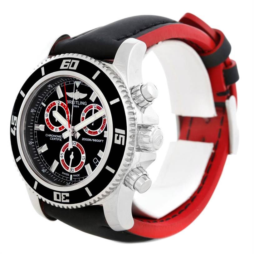 The Breitling Superocean A73310 Men's Stainless Steel Black Dial A73310 Men's Stainless Steel Black Dial watch is shown at an oblique angle, highlighting the bezel, dial, crown, and leather strap.