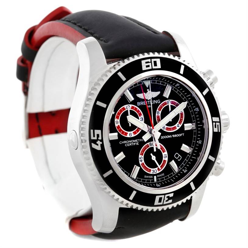 The Breitling Superocean A73310 Men's Stainless Steel Black Dial A73310 Men's Stainless Steel Black Dial watch is shown at an angle, highlighting its bezel, dial, subdials, and leather strap.