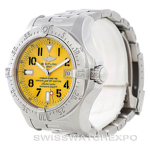 The image shows a front angle of a Breitling Avenger A17330 Men's Stainless Steel Yellow Dial A17330 Men's Stainless Steel Yellow Dial watch with a yellow dial and a stainless steel bracelet.